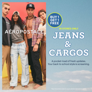 Image of young people wearing jeans and cargos from Aeropostale